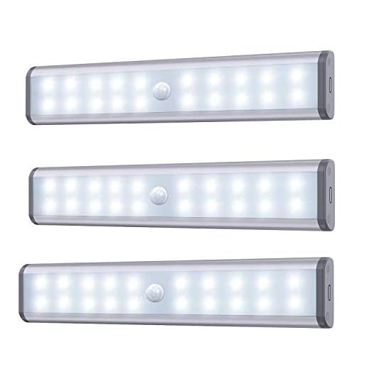 Rörelsesensor skåplampor, 20 LED trådlös belysning under skåp med inbyggt uppladdningsbart batteri, klistra på var som helst magnetisk nattbelysning för garderob kök garderob