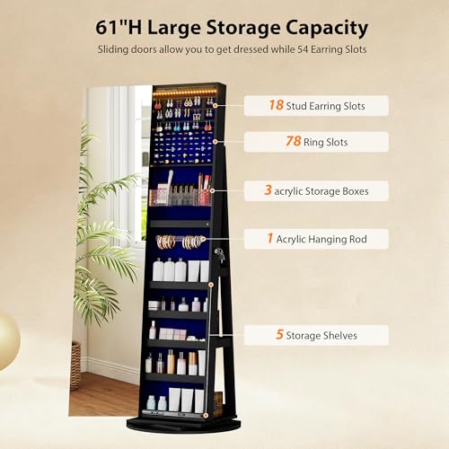 Image of LVSOMT LED Jewelry Cabinet with Sliding Full Length Mirror, Black | 360 Swivel Mirror with Storage, Lockable Jewelry Armoire Organizer with 22 Rear Shelves for Bedroom, Gift for Women