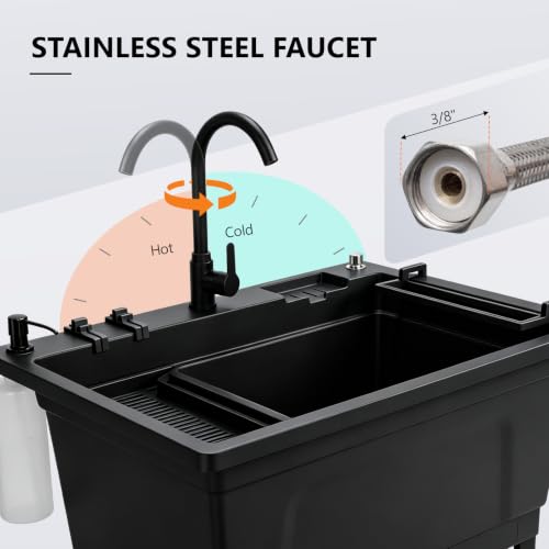 Image of Vingli Freestanding Utility Sink with Faucet, 36 inch Heightened Basin for Laundry, Garage, Outdoor Garden, Pet Wash, Heavy Duty Plastic Laundry Tub with Storage Shelf (Black, 32 inchLx24 inchWx36 inchH)