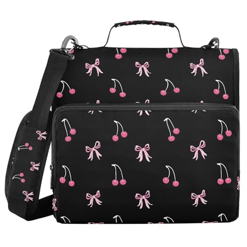 Image of Black Pink Bow Cherry Zipper Binder Bag 3 Ring Binder with Shoulder Strap Zip Up 500 Sheets Capacity Multi Pockets for School Office Supplies