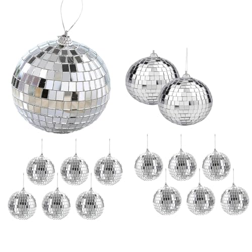 Changyeah Boules à Facettes Argentées Boule Disco,15 boules de disque de miroir, boule disco avec miroirs argentés,décorations de gâteau de boule de discothèque des années (argent)