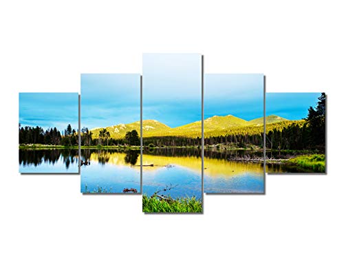 TUMOVO Canvas Wall Art Nature Lake The Rocky Mountain Beautiful Blue Stream Water Painting Landscape 5 Panels Panoramic Scenery Artwork Picture Frames for Living Room Bedroom Home Office Decor