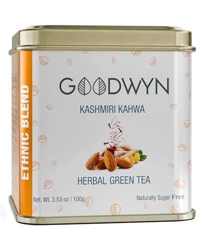 Goodwyn Kashmiri Kahwa Green Tea loose Leaf – 50 Cups (100g / 3.5 Oz)| Desi Kahwa, Kashmiri Chai, Saffron ,Cardamom Tea & Ginger Tea Blend with Natural Indian Spices | Low Caffeine, Sugar Free Herbal Qahwa | Authentic Indian Chai in Resuable Tin