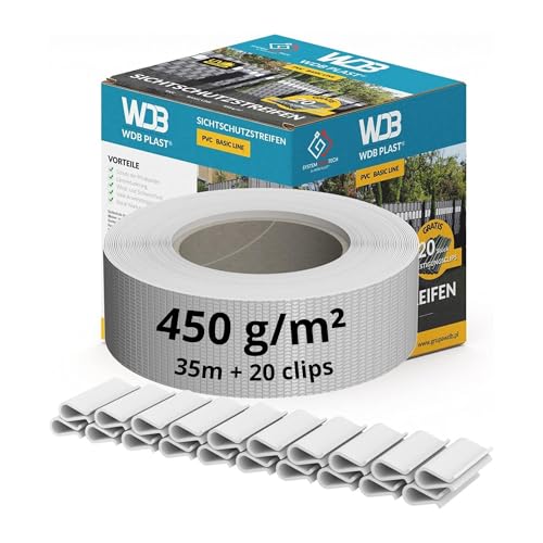 WDB Basic Line - Tiras de protección Visual de PVC, protección Visual para Valla de jardín, Valla de Doble Varilla, 47,5 mm x 35 m + 20 Clips de fijación, rieles de sujeción Blancos