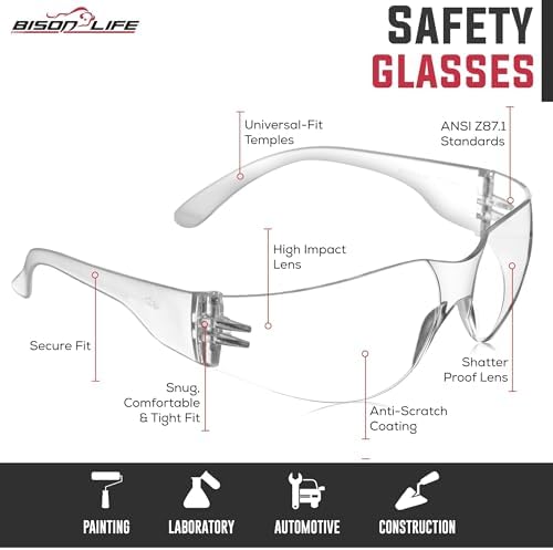 BISON LIFE Clear Safety Glasses Bulk 6 Pack, ANSI Z87.1 Anti Scratch Impact Resistant Wrap-Around Protective Eyewear for Men & Women, Work, Construction, Lab, Industrial Eye Protection - 4