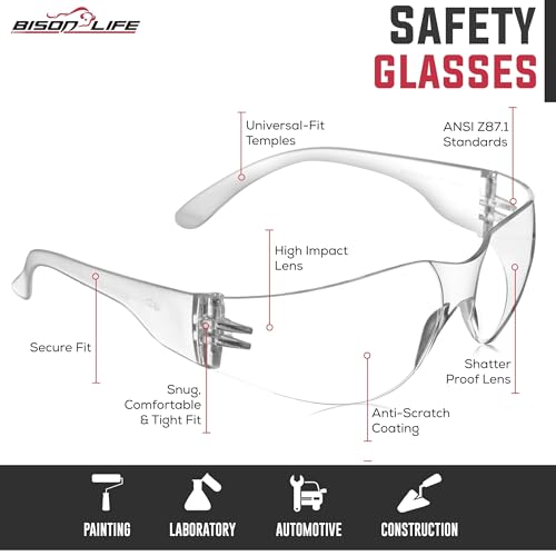 Image of BISON LIFE Clear Safety Glasses - ANSI Z87.1 Certified Scratch & Impact Resistant Eye Protection Goggles for Men & Women