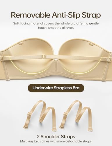 Image of Wingslove Strapless Bra Push Up for Women Underwire Half Backless Bra with Removable Straps Seamless Padded Support