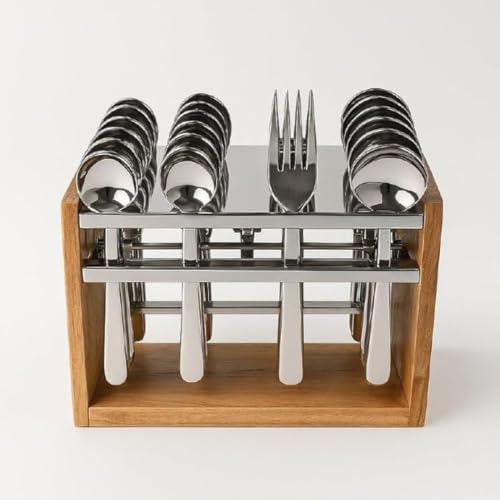 Image of Premium Wooden Cutlery Set Eco-Friendly Utensils for Sustainable Dining and Entertaining,Wooden Hanging Stand, 6 Tea Spoons,6 Table Spoons,6 Table Forks,6 Dinner Spoon, Spoon Set(24 Piece)