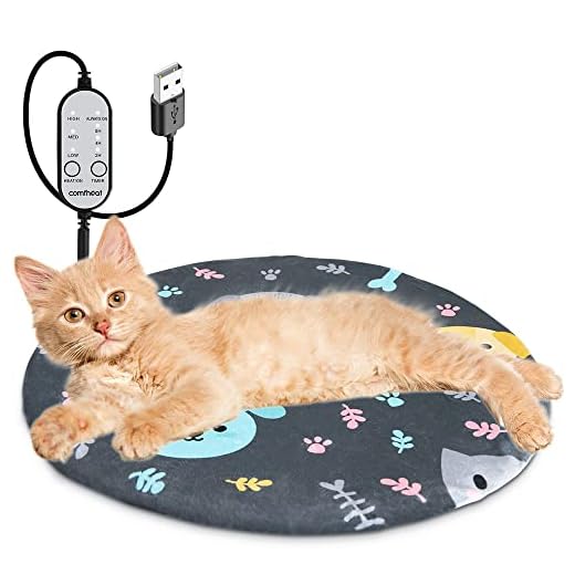 comfheat Dog Bed Mat Warming Pad, Dogs Anti-Anxiety Puppy Cushion Warm Pad for Indoor Outdoor Pets with Removable Cover Non-Slip Bottom Washable Round Heating Waterproof Pads (16'' X 16'')