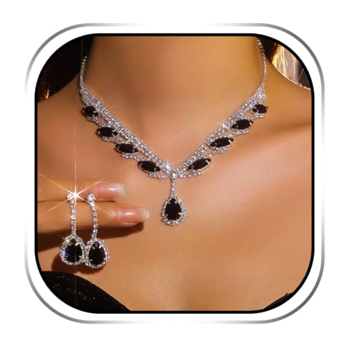 Ushiny Kristall Brautschmuck Set Schwarz Choker Halskette und Ohrring Set Glitter Braut Zubehör für Frauen