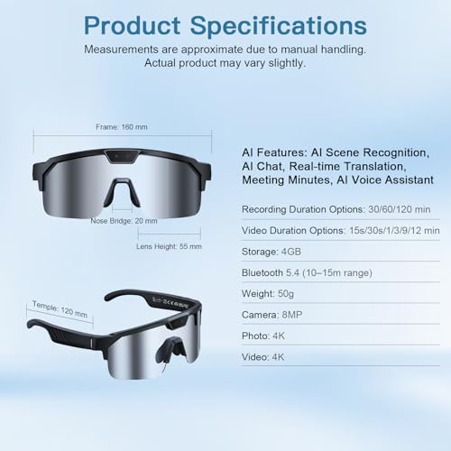 Image of AI Smart Glasses with Camera, 4K Video Recording Sunglasses with Camera | UV400 Polarized Lenses,Voice Assistant & 6-Axis EIS Stabilization, Unisex Bluetooth Glasses for Cycling /Hiking /Running-Silver