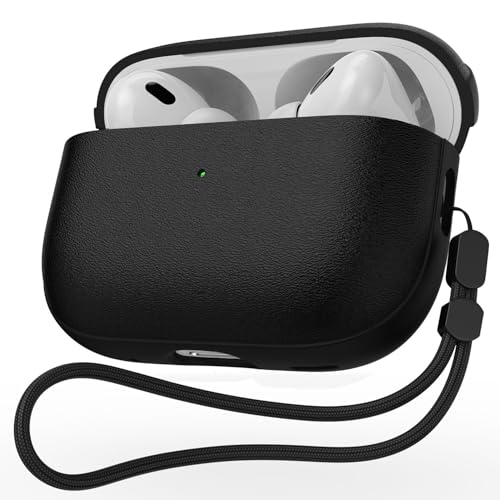 JIELIELE for AirPods Pro 3 Case Leather Texture Cover Compatible with Airpods Pro 3rd Generation(2025)Full Drop Protective case with Lanyard Supports Wireless Charging Front LED Visible Black