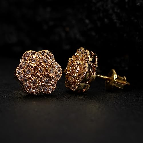 Street Knitted Men'S Large 14K Yellow Gold 925 Sterling Silver Flower Cluster Hip Hop Stud Earrings thumb #4