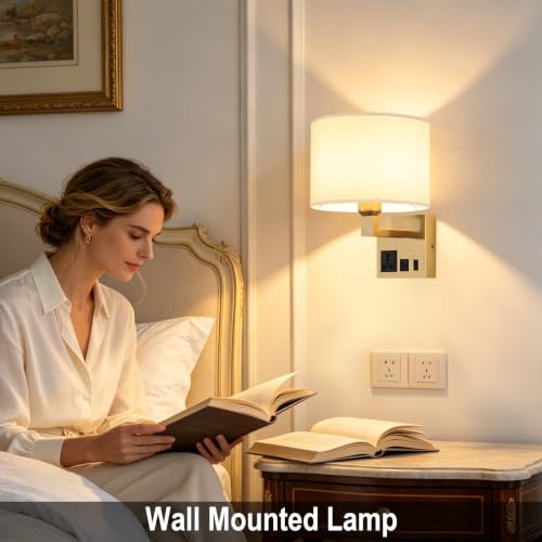 Image of Plug in Wall Light, Wall Lamp with Brass Base Cylindrical Shape | Wall Light for Living Room Bedroom Hotel, Bedside Lamp Bulb Included, Wall Mounted Lamp with AC Outlet & USBA+C Charging Port