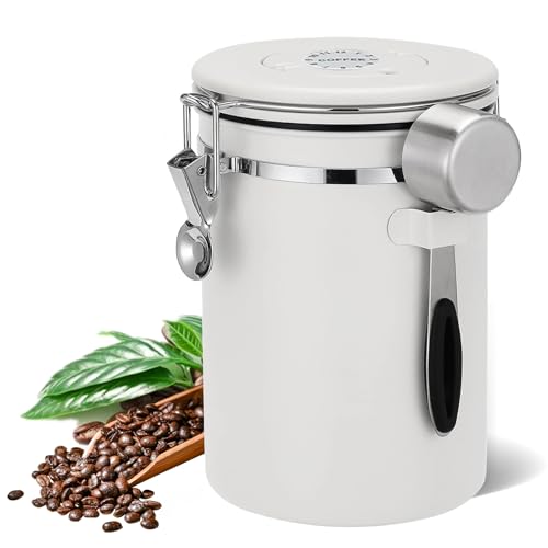 Airtight Coffee Canister, 1.8L/60oz Large Stainless Steel Kitchen Storage Container with Measuring Scoop, Date-Tracker and CO2-Release Valve for Grounds Coffee Beans Tea Sugar Cereal Flour(White)