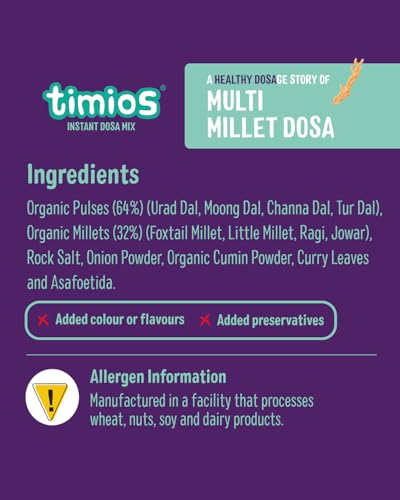 Image of Timios Organic Multi Millet Dosa Mix - Sprouted & Natural, Instant Healthy Breakfast for Kids & Family, No Maida, No Preservatives, Rich in Iron & Fiber, Pack of 2, 300gm