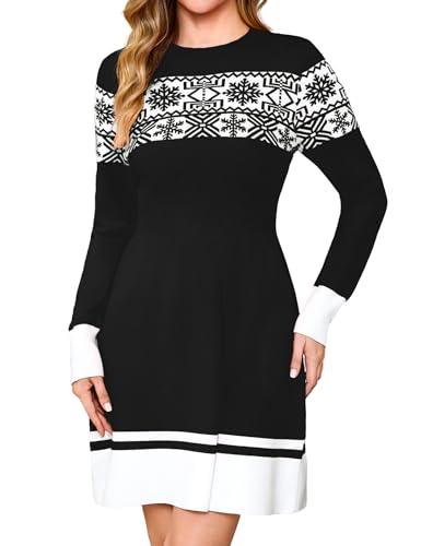 Gyabnw Schwarzes Strickkleid Damen Rentier Muster Elegantes Minikleid Festliches Winterkleid für Party