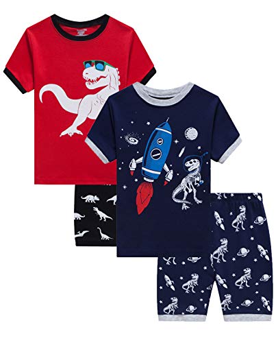 Dolphin&Fish Boys Pajamas 100% Cotton Short Sleeve Toddler Pjs Set Dinosaur Space 4Piece Clothes 4T Red