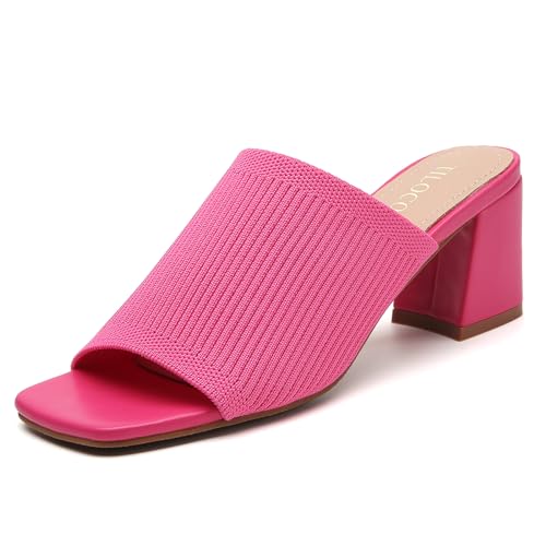 Image of Tilocow Knit Heeled Sandals for Women Square Open Toe Heeled Mules Chunky Block Low Heel Slip On Slides