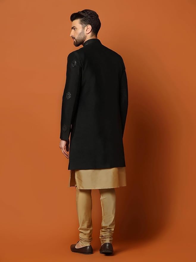 Kisah Men's Black And Golden Indo-Western Kurta Sherwani Churidar Set Cotton Silk Full Sleaves, Knee Length, Straight, Regular Fit, Mandarin Collar Ethnic Wear