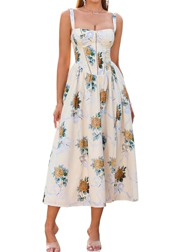 Image of KUTUMAI Floral Corset Midi Dress Flowy Slit Summer Spring Wedding Guest Dresses for Women Sundress with Pockets