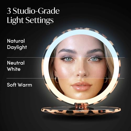Image of Fancii Taylor LED Lighted Travel Makeup Mirror, Rechargeable, 10x /1x Magnifying, Tru-Glow Lighting System, XL Large 5 inch Wide | Compact Mirror for Purses (Cheetah Chic)