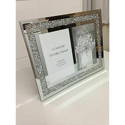 GLASS PHOTO FRAME JEWEL MIRROR SILVER LOOSE DIAMANTE NEW CRYSTAL DECOR MIRROR PHOTO FRAME SPARKLE GIFT WEDDING FRIENDS FOR DESK (double 4 x 6 inches) Cover