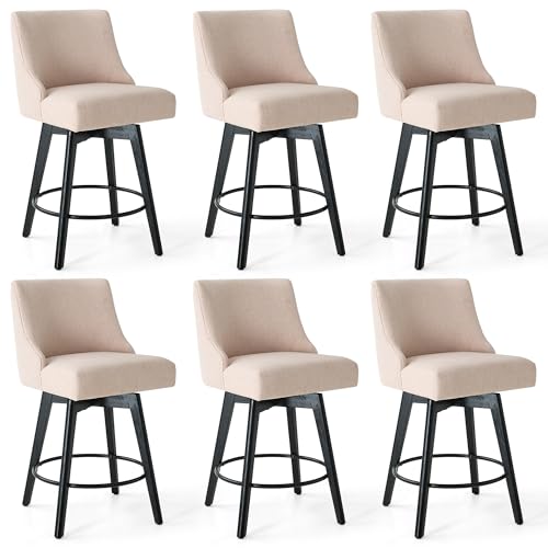 Image of Swivel Counter Height Bar Stools Set of 6, Modern Fabric Swivel Barstools with Contoured Back and Solid Wood Legs, Upholstered Counter Stool Bar Chairs for Kitchen Island, Home Bar, Beige
