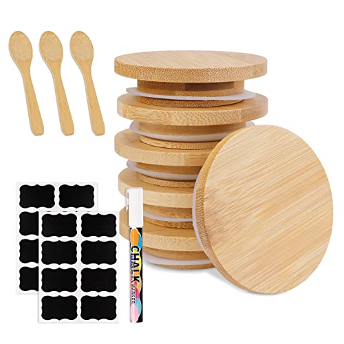 Oui Yogurt Jar Lids, Lids for Oui Yogurt Jars, Natural Bamboo Wooden Canning Lids 6-Pack, Bamboo Jar Lids Set with 16 Label Stickers and Spoons, Spices Cookies Storage Bottle Lid Leak-proof