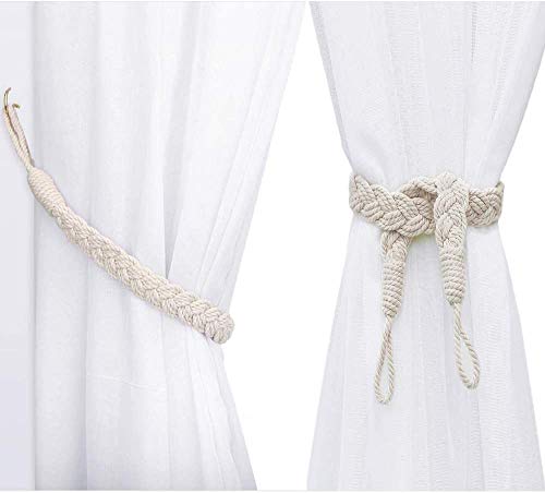 Dimbeit 4 Pieces Curtain Rope Tiebacks, Handmade Natural Cotton Curtain Tie-Backs Knitted Knot Braided Decorative Drapes Holdbacks For Window Curtain Accessories - Beige #TOP5