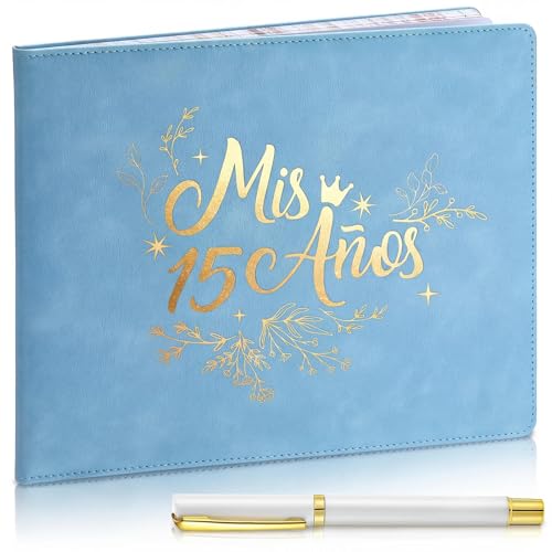 Image of MotiMind Quinceanera Guest Book with Pen 11 x 8 Inch Libro De Firmas Para 15 Anos Quinceanera Leather Hardcover Signature Book Guest Sign in for 15th Party Favors Decoration(Blue,Fresh)