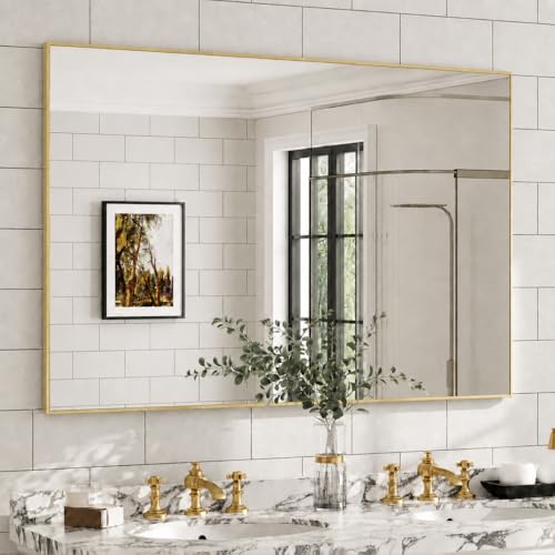 FurniXpress 36 x 48 Gold Wall Mirror for Bathroom 48 x 36 Oversized Rectangular Accent Decor Large Metal Framed Mirror for Dining Room & Vanity