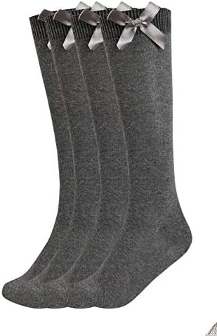 LE113 Pairs Of Girls Bow Knee High Socks, White Grey Black Navy Knee High School Socks With Ribbons Bows
