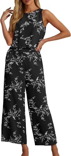 IWOLLENCE Women's Summer 2 Piece Outfits Set Round neck Sleeveless Tank Crop Top Wide Leg pants Set Pockets Jumpsuits Black White Carving M