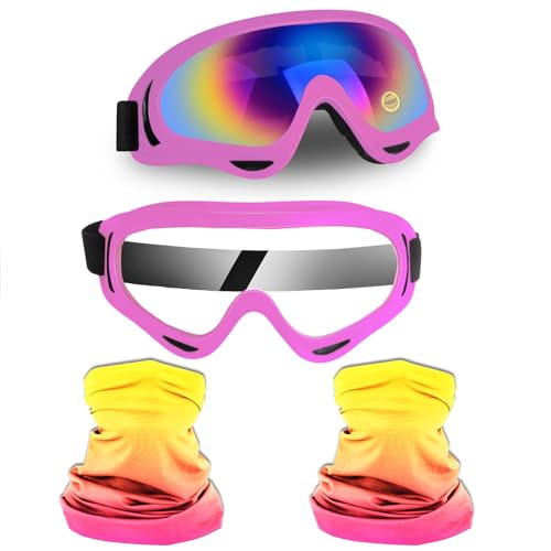 Image of Motorcycle Goggles 2 Pack with 2 Pack Neck Breathable Bandana | ATV Dirt Bike Eyewear, Motocross Riding Goggles, MX Racing Windproof Goggles, UV400 Anti-Fog, Adult Youth Kids