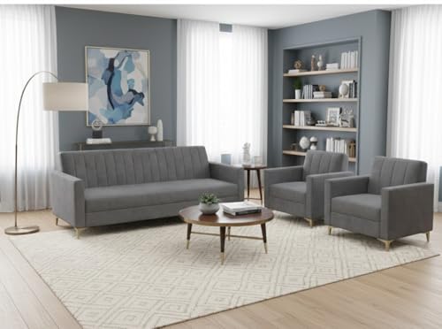 Image of Marvello 3+1+1 Fabric Sofa Set for Living Room | Soft Velvet Upholstery, Sturdy Wooden Frame | Stylish Sofa for Hall & Office Spaces (Dark Grey)