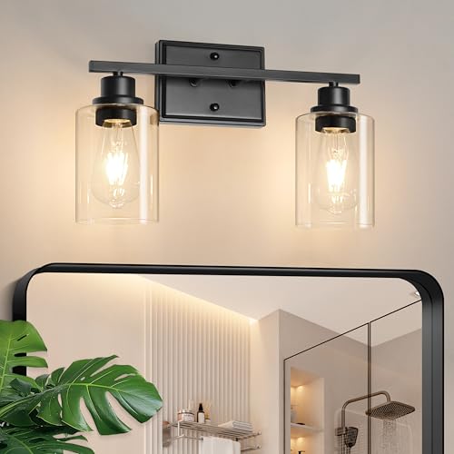 Image of Unicozin 2 Light Bathroom Light Fixtures, Modern Vanity Lights Over Mirror, Black Wall Lamp with Clear Glass for Living Room Cabinet Bedroom Porch