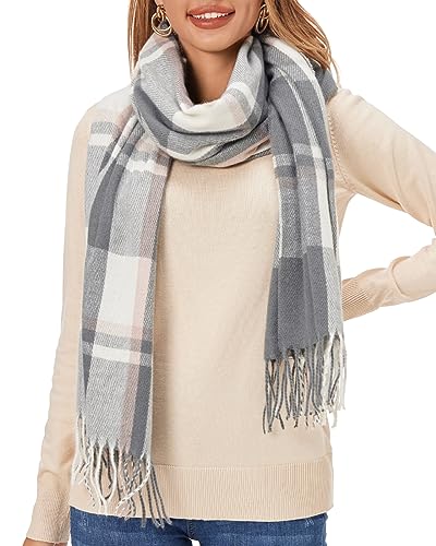 Fuinloth Women's Large Plaid Scarf Fashion Long Shawl Wrap for Winter Warm Lightweight Charcoal Pink
