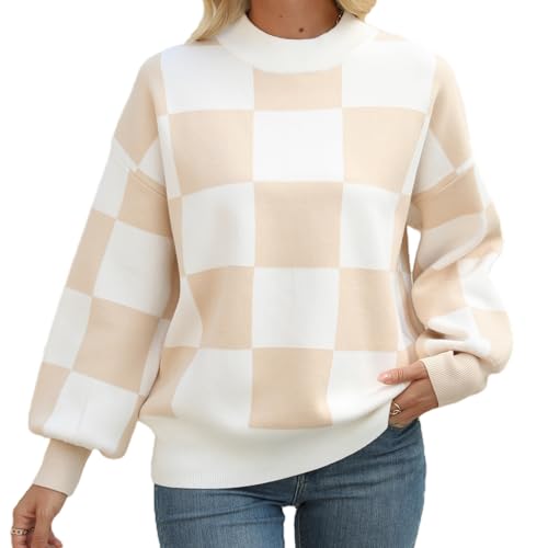 Image of Spring Sweaters for Women, Women's Long Sleeve Turtleneck Stripes Plaid Trendy Oversized Ribbed Knit Pullover Sweater