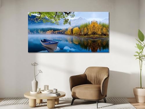 Arjun Landscape Wall Art for Living Room Lake Canvas Blue Picture Bedroom, Summer Nature Boat Artwork Modern Nature Painting Framed Large Home Office Dining Room Wall Decor 40"x20" by Arjun - Image 4