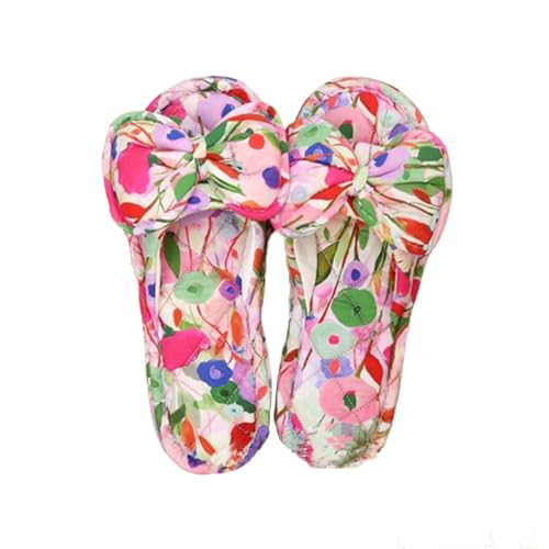 Bow-Knot Pattern Print House Slippers for Women Slides with Breathable Cotton Indoor Slip on Open Toe Stitching Home Shoes