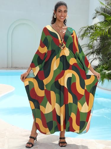 Image of IMAGEKOPE Women's Plus Size Animal Print V-Neck Batwing Kaftan Beach Dress Bathing Suit Cover-Up Loungewear