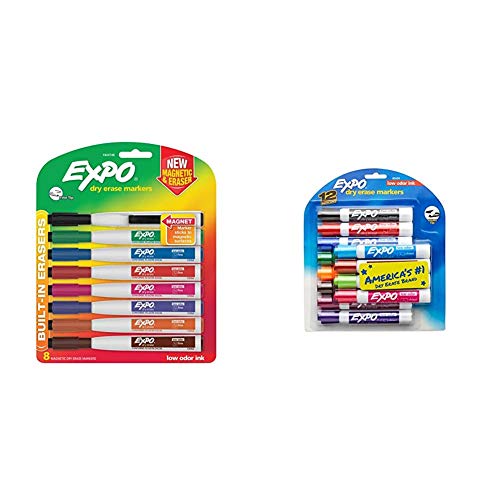 EXPO 1944748 Magnetic Dry Erase Markers with Eraser, Fine Tip, Assorted Colors, 8-Count & Low Odor Dry Erase Markers, Chisel Tip, Assorted Colors, 12 Count