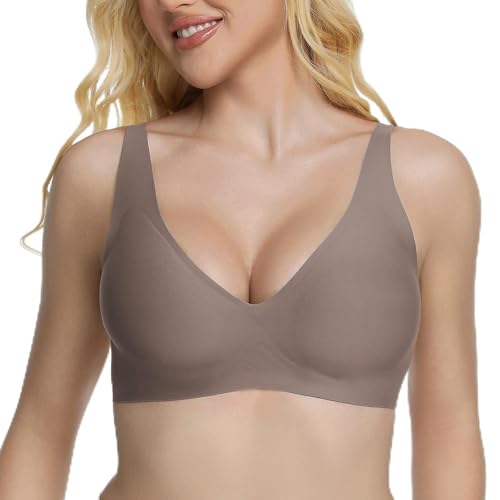 Jelly Wireless Bra for Women Deep V Push Up Seamless T-Shirt Bras Comfortable Plunge No Underwire Bra with Adjustable Straps Everyday Bras Gray