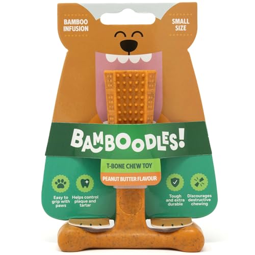 Bamboodles T-Bone - Brinquedo mastigável para cães, pequeno, sabor de manteiga de amendoim, mastigável natural de longa duração para cães pequenos e cachorros, vara mastigável durável, seguro e