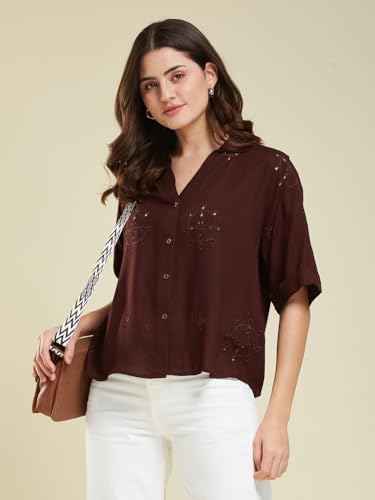 Image of J TURRITOPSIS Women's Cotton Blend Embroidered Stylish Shirt