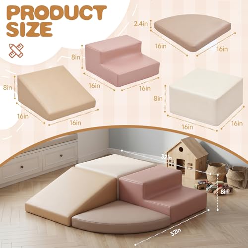Image of Sumbababy Climbing Foam Blocks for Toddlers: Waterproof Pu Leather Soft Climber - 4 Pcs Toddler Indoor Climbing Toys - Kids Outdoor Playground Playset Best Gift Preschool Daycare Supplies(Pink /Beige)