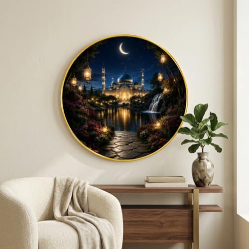 Image of SAF Islamic Mosque Night View Round Wall Painting with Premium PVC Golden Frame, Crescent Moon Garden Waterfall Art, Muslim Home Decor for Living Room Prayer Room (23 x 23 Inch) GR-427