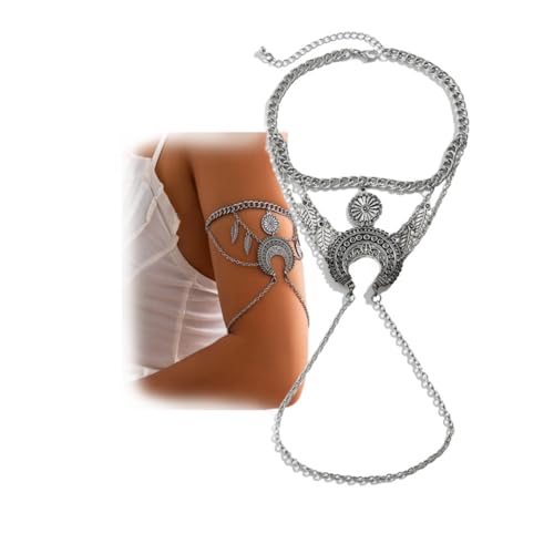 Bohemian Retro Silver Leaf Moon Upper Arm Cuff Punk Long Chain Tassel Armlet Bangle Bracelet Layered Open Cuff Armband for Women