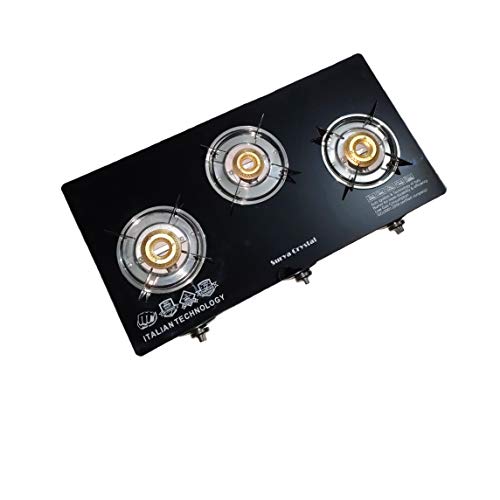SURYA CRYSTAL Stainless Steel 3 Burner Automatic Gas Stove Beautiful Plain, Black, Open